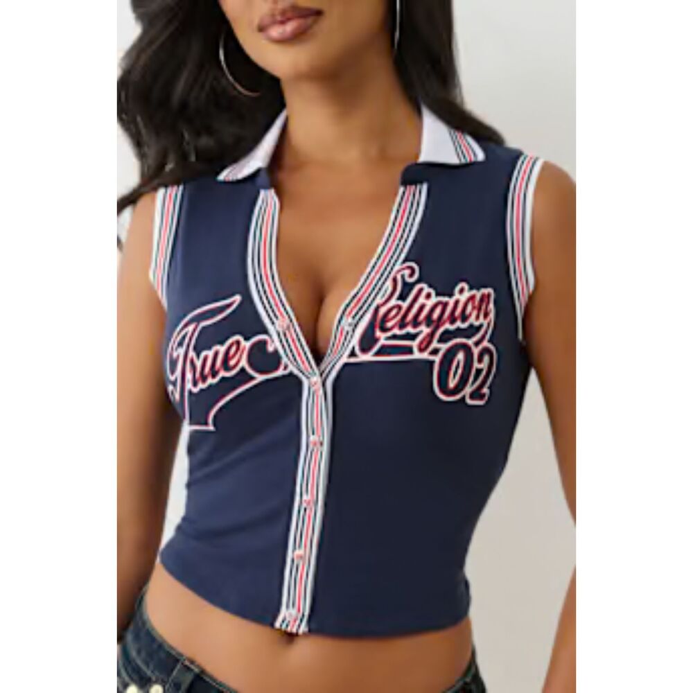 True Religion NWT DIY Sporty Terry Polo Tank Snap Front Sleeveless Navy L Flawed